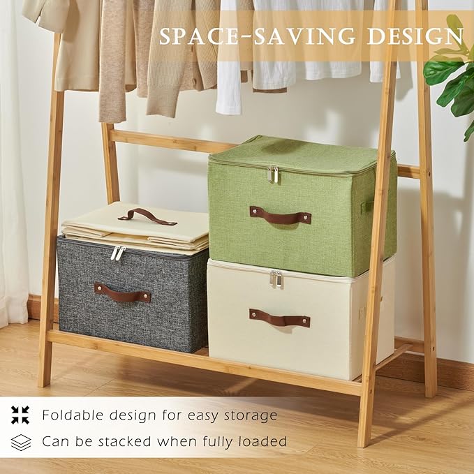 4PCS Storage Bins with Zipper Lids Decorative Lidded Basket Box | Clothes Container, Closet Shelf Organizer, Foldable Washable, Cotton Linen Fabric, w/ PU Leather Handles, Green, Large
