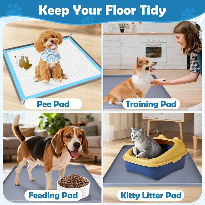 Dog Pee Pad Holder, Dog Potty Tray Silicone Puppy Pad Holder Tray Fits for 27" x 27" Training Pads, Puppy Potty Tray With 4 Clamps No Spill Raised Lip High Edge for Floor Protection (Dark Grey)