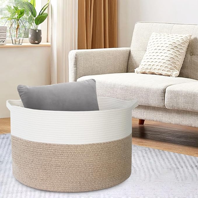 MEGASKET Large Rope Storage Basket, 22" X 22" X 14" Extra Large Woven Baskets for Storage, Cotton Rope Basket for Blankets Toys, Wicker Storage Baskets for Organizing, Wicker Laundry Basket Hamper