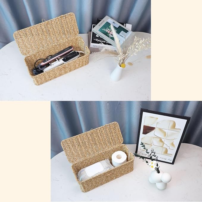 Cable Management Box, Cord Organizer with Lid & Cable Ties - Natural Large | Handmade Open Slots Cord Hider Outlet Covers for Power Strip TV PC Router Charger Under Desk Storage