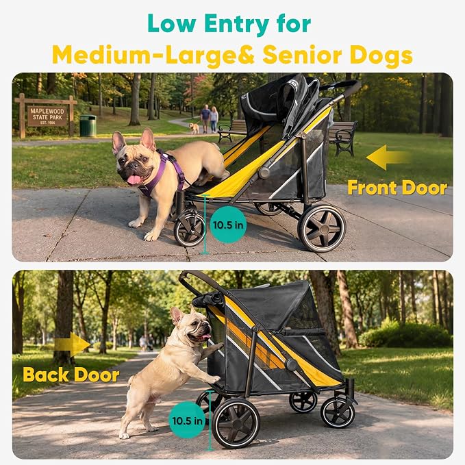 Petbobi Dog Stroller for Large Medium Dogs up to 80 lbs, Dual Entry | One-Hand Fold, One-Foot Brake, All Terrain 360 Swivel Front Wheel, Heavy Duty Air Mesh Wagon, Low Step-In for Senior Pets