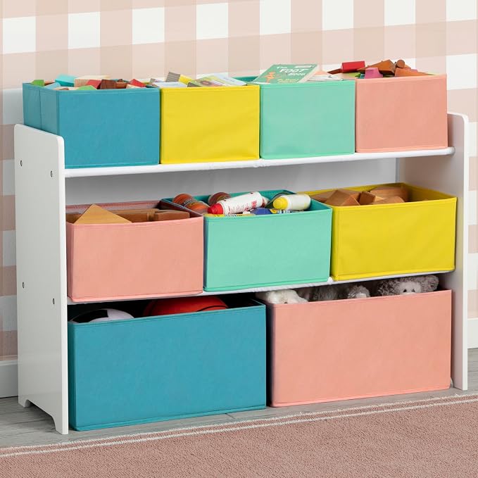 Delta Children Deluxe Multi-Bin Toy Organizer with Storage Bins - Greenguard Gold Certified, White with Blue/Orange/Pastel Bins