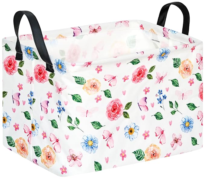 Pink Floral Storage Basket for Girls Room, Foldable Toy Organizer Bin | Pink Floral & Bow Design with Cotton Linen Fabric, Waterproof Lining, Leather Handles and Foldable Style for Girls’ Storage