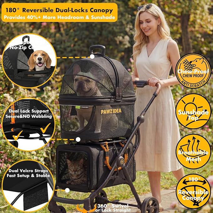 PAWZIDEA Double Pet Stroller with 2 Detachable Carrier for Multiple Pets | Portable Travel Crate & Car Seat Combo & TSA-Approved Expandable Carrier, Foldable Jogger Stroller for 2–4 Cats or Small Dogs