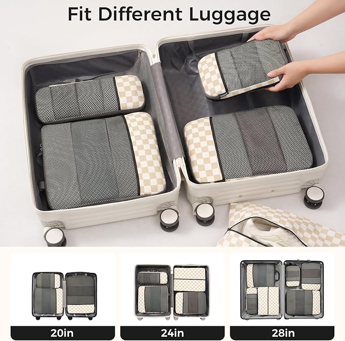 BAGAIL 4 Set/6 Set/8 Set Compression Packing Cubes Travel Accessories Expandable Packing Organizers (Half Mesh, 6-Khaki Checkered)