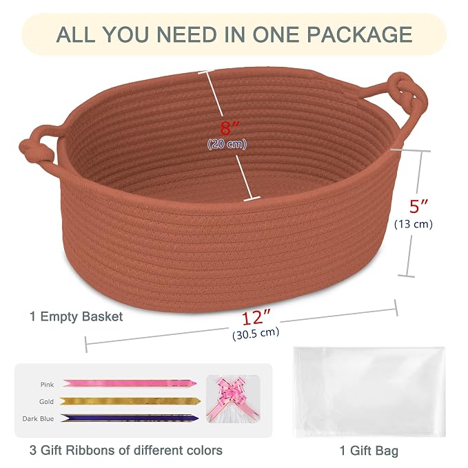 COMSE Small Gift Basket Empty with Bag & Ribbons, Solid Autumn Glaze | Cotton Rope, 12"x 8"x 5", Pet Toy Storage Organizer, Woven Basket for Birthdays, Baby Showers, Mother’s Day, Valentine’s Day