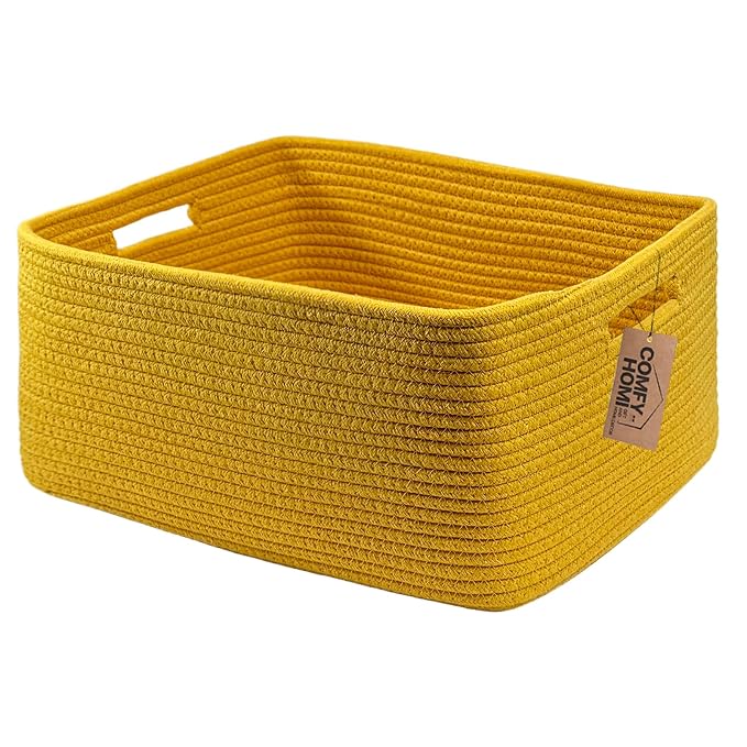 COMFY-HOMI Cotton Rope Woven Basket with Handles for Shelves,Toys,Book, Cloth Storage Baskets Bin for Organizing- 1 PCSToy Decorative Organizer for Living Room, Bathroom 17" x 13" x 7.5"