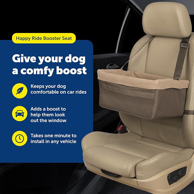 PetSafe Happy Ride Dog Booster Seat, Brown, Up to 18 lb | Raises Small Dogs to Window Height In Most Cars, Connects to Seatbelt with Safety Tether, Fleece Liner Is Machine Washable