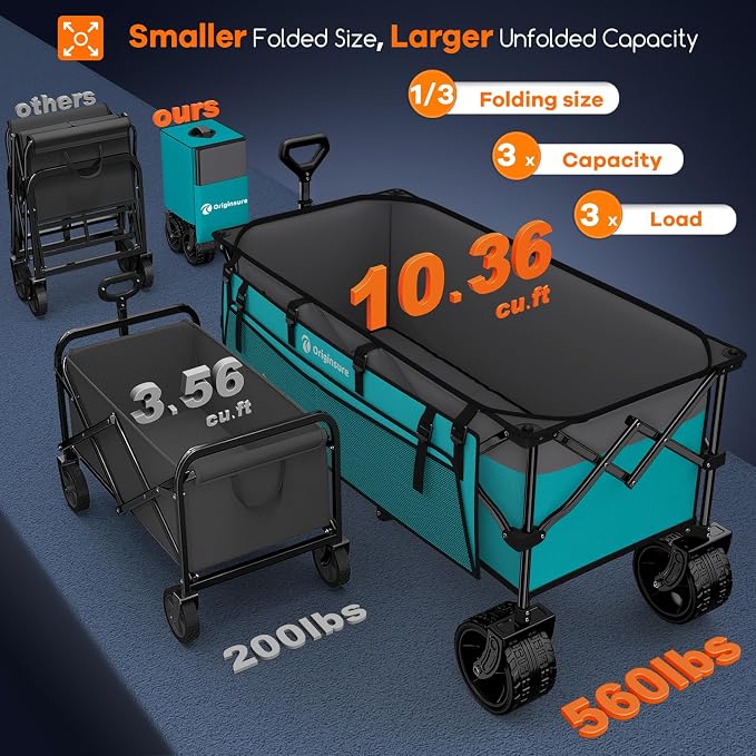Originsure 300L Beach Wagon Cart Foldable with Big Wheels,560lbs,Turquoise | 48" Folding Utility Wagon,7" All-Terrain Wheels,Heavy Duty Frame,Compact&Space-Saving,for Camping,Sports,Grocery,Garden