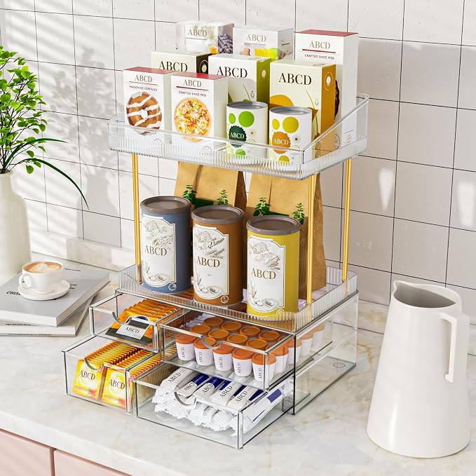 SNSLXH 4-Tier Clear Makeup Organizer Bathroom Storage | 4 Drawers Cosmetics Organiser, Ideal for Countertop, Bathroom, Office, Dresser, for Cosmetics, Skincare, Perfume, Lipstick