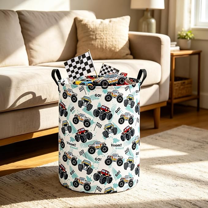 Monster Truck Fabric Storage Bin Nursery Organizer Basket | Organizer Bin Dirty Clothes Collapsible Waterproof for College Dorms, Boys and Girls Bedroom,Bathroom