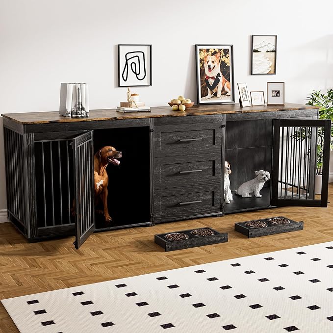 Rophefx 94.5" Dog Crate Furniture for 2 Dogs, Wooden Kennel TV Stand,Black | Indoor double dog house with 3 storage drawers, 4 feeding bowls, lockable doors, and a wide top for large and medium dogs