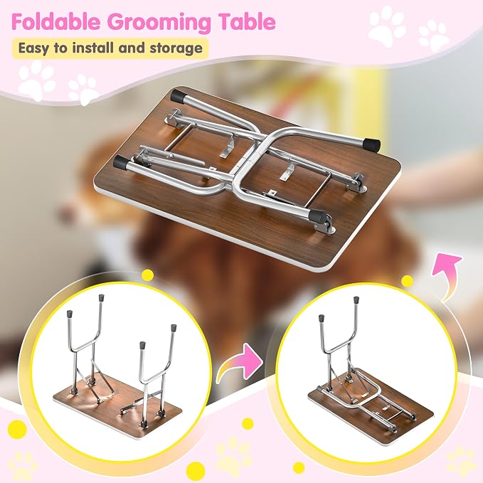42'' Stainless Steel Pet Dog Grooming Table, Arm/Noose/Tray, Pink | Foldable Dog Grooming Table for Dogs at Home, Adjustable Height Arm, Non-Slip Waterproof Tabletop, Capacity 330Lb