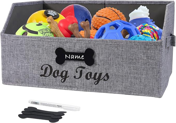Geyecete dog toy basket Large dog toy bin dog toy box storage box-Foldable Fabric Trapezoid Organizer Boxes with Handle,Can be Personalized for Dog Toys (Gray-DOG)
