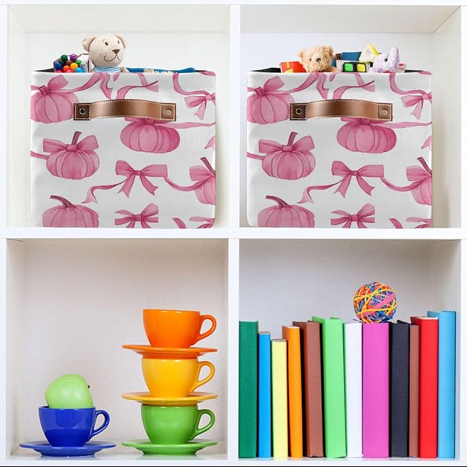 Wamika Pumpkin Bow Pink Storage Basket with Waterproof Liner and PU Handles Fall Storage Bins Boxes 14.2" Collapsible Decorative Organizer Baskets for Bedroom Closet Office 1 Pack