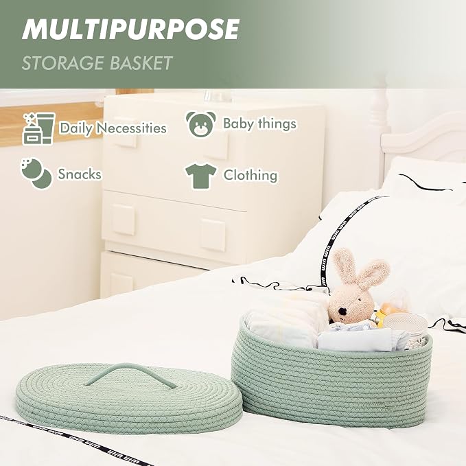 Sea Team Oval Storage Basket, Woven Cotton Rope Basket with Lid, Green | Decorative Knitted Storage Bin, Multi-Purpose Lidded Organizer for Closet Shelves, Nursery and Household Storage
