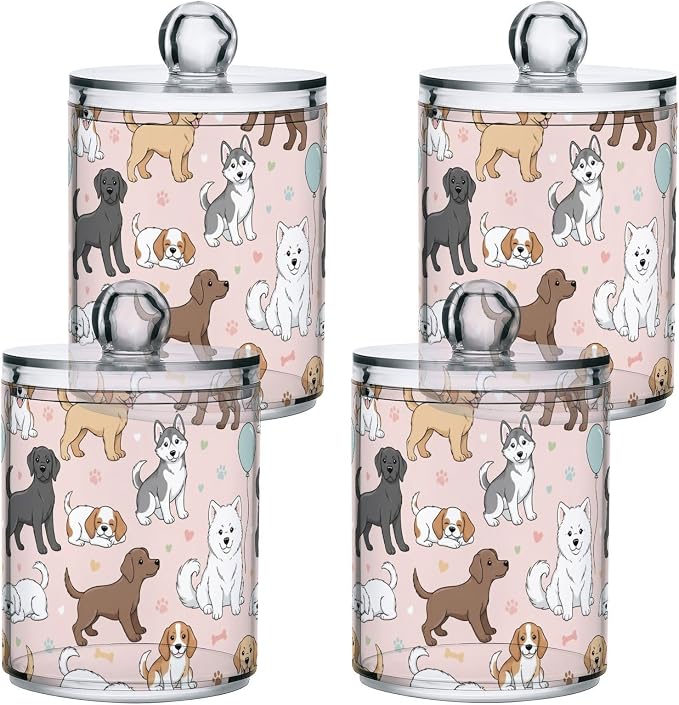 2 Pack Plastic Cotton Swab Ball Pad Holder Cute Pets Dogs Pink Print Jars Bathroom Storage Organizer Holder Canisters with Lid for Cotton Ball Swab Cotton Rounds Hair Clips