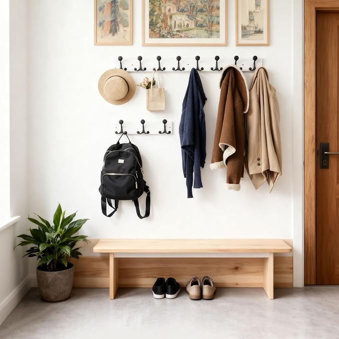 SKOLOO 17-Inch Wood Coat Rack Wall Mount with 3 Triple Hooks - Ideal for Family Entrances, Classrooms, and Pet Supplies Storage - Perfect Coat Hooks for Wall,Distressed White Wash, Pack of 2