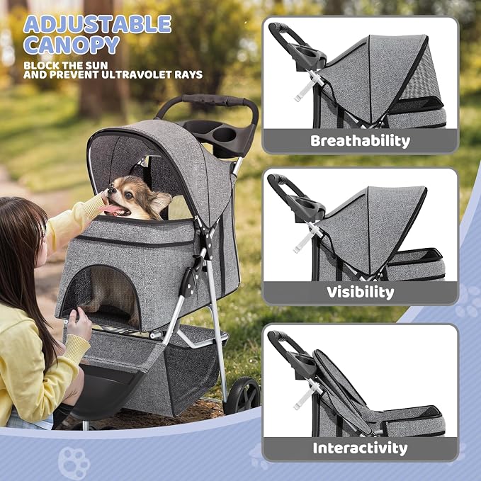 Magshion 3-Wheel Pet Stroller for Small/Medium Dogs & Cats, Up to 33lbs | Foldable Travel Jogger w/ Breathable Mesh Cover, Lightweight Design, Safety Tethers, Cup Holder & Storage Basket