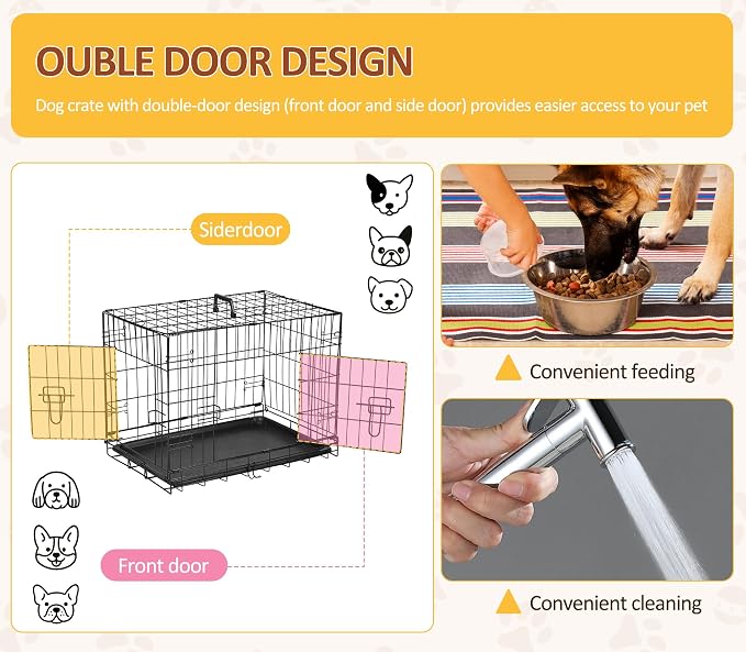 36IN Double Door Dog Crate - Foldable Metal Wire Kennel with Divider Panel | Portable Dog Kennel with Leak-Proof Tray & Secure Latch for Indoor, Outdoor, Travel, Durable & Easy to Assemble