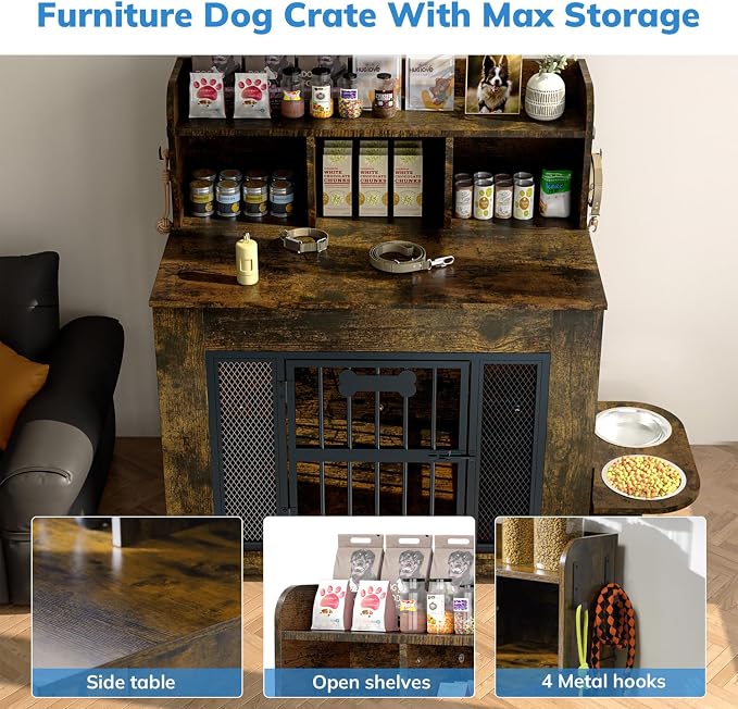 Petrova 33" Dog Crate Furniture with Storage Shelf & 2 Stainless Steel Bowls, Heavy Duty Indoor Dog Kennel for Medium/Small Dogs, Wooden Dog Cage with 4 Hooks, LED Light, Walnut Brown
