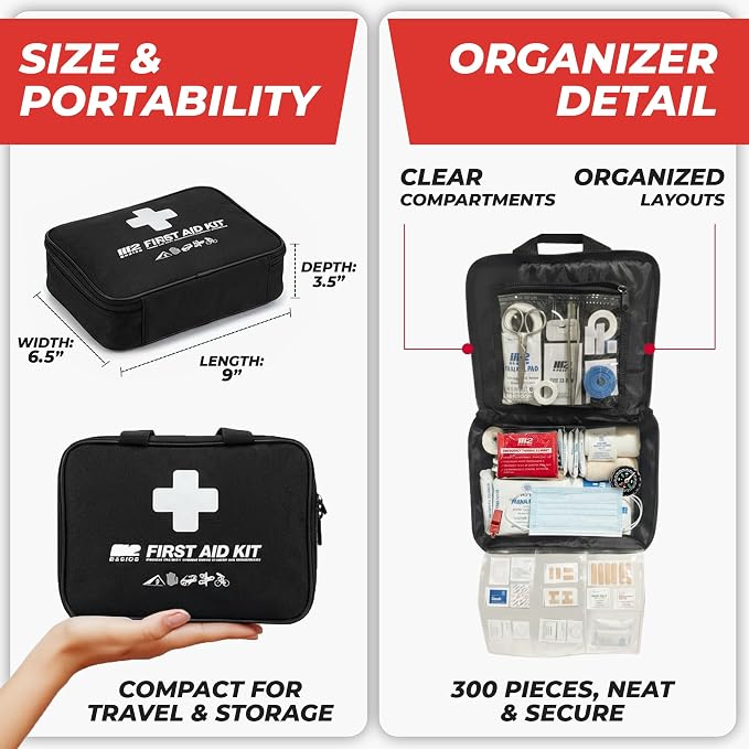 M2 BASICS 300 Piece Premium First Aid Kit w/Durable Bag for Home, Business | Office, Workplace, Car, Garage, Kitchen, Family, Classroom, Jobsite, Warehouse, School, Vehicle And Emergency Preparedness