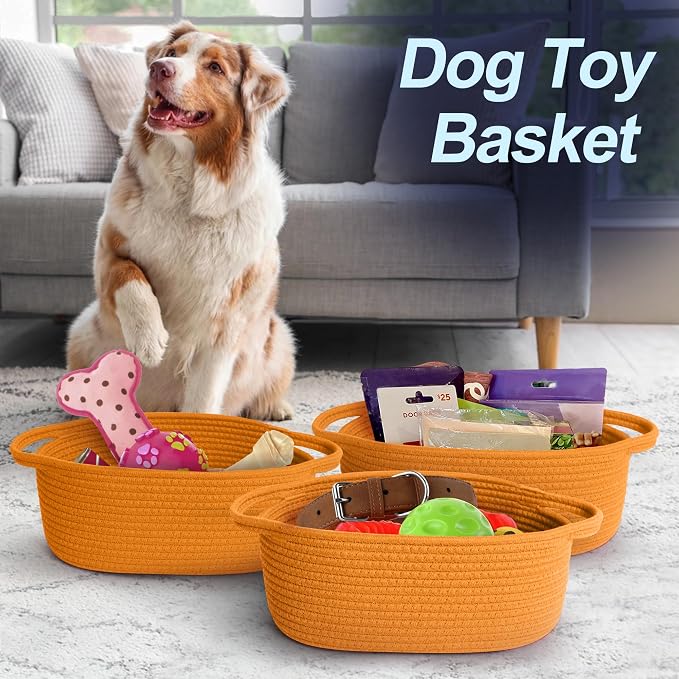 Orange Woven Basket, 13" x 9" x 5" Baskets for Gifts Empty, Cute Cotton Rope Cat Dog Toy Bin Box, Small Woven Bin for Shelves, Orange Room Decor, Nursery Baby Cloth Diaper Storage Organizer