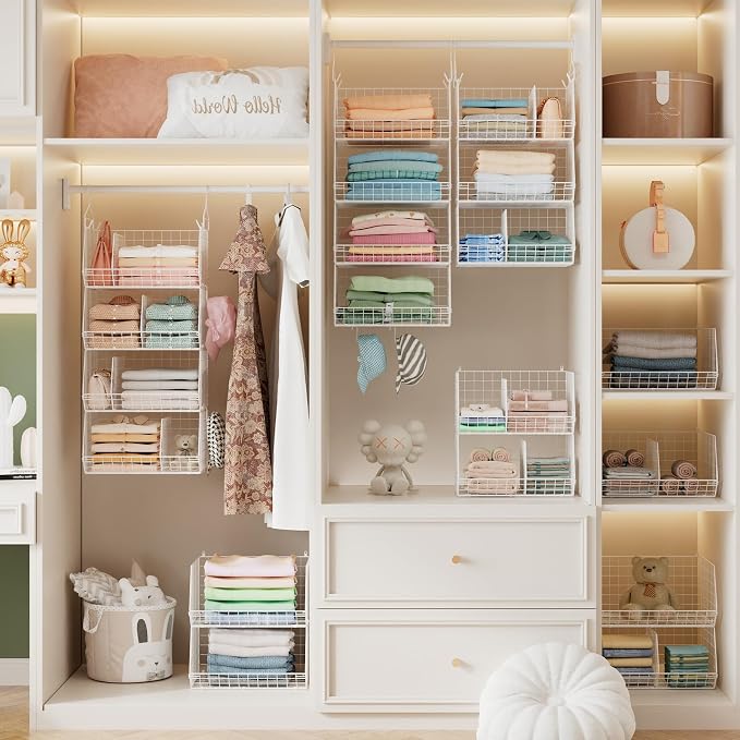 4 Tier Extra Large Hanging Closet Organizer ,Closet Organizer Hanging with 5 S Hooks 4 Dividers,Clothes Organizer Clothing Sweaters Clutches Handbags Hats Accessories-White