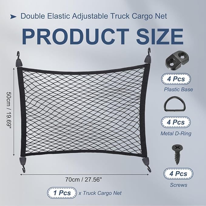 PATIKIL Truck Cargo Net, (27.6 x 19.7 Inch, Black) with Base and D-Ring | Single Elastic Adjustable Trunk Bed Net Stretchable Mesh Storage Organizer Heavy Duty for Pickup Trucks SUV Cars