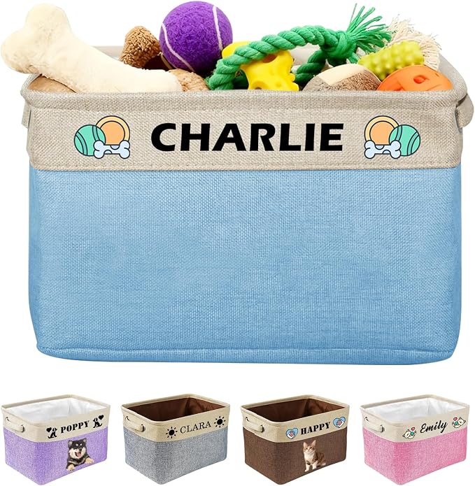 Personalized Dog Toy Storage Basket Custom Collapsible Toy Bin with Pet's Name and Photo-Rectangular Storage Organizer for Dog' Toys Clothing Blankets