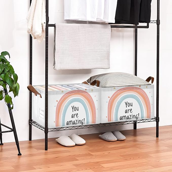 You Are Amazing Quoted Rainbow Positive Baby Storage Basket with Labels&Handles Rectangular Nursery Storage Bins Collapsible Shelf Organizer Baskets for Kids Books Cloth Gift Basket Toys Laundry