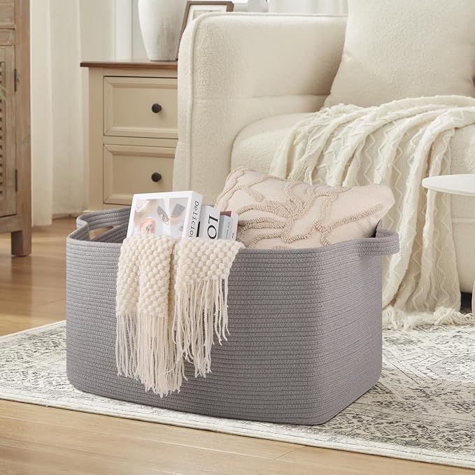 OIASKET Extra Large Blanket Basket, 24" x 16.9" x 14.2" Woven Basket | Woven Storage Basket for Living Room, Rectangle Nursery Blanket Storage for Toys, Towels, Dirty Clothes