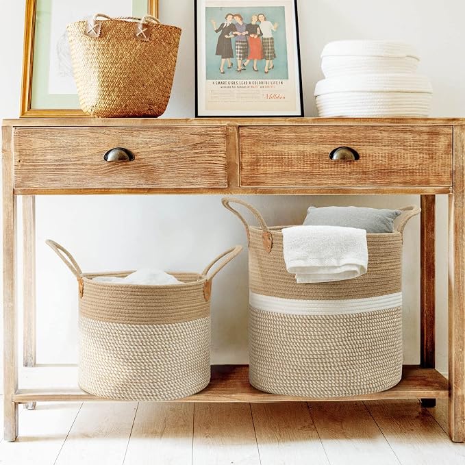 CHICVITA Large Wicker Storage Basket with Leather Handles, 16" x 16", White | Decorative Woven Basket for Toys, Shoes, Blankets & Laundry Storage, Living Room & Bedroom Organizer, Indoor Plant Basket