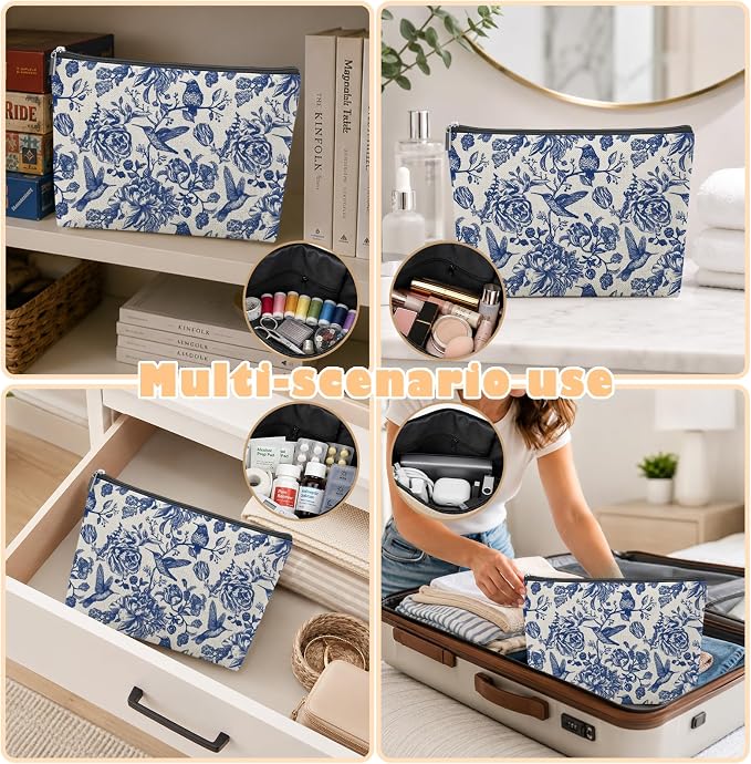 Blue and White Chinoiserie Empty Mahjong Tile Bag 13x7.8 Inch | Floral Bird Printed Portable Travel Case Organizer Zipper Pouch for American Mahjong Tiles Game Night Accessories and Gifts