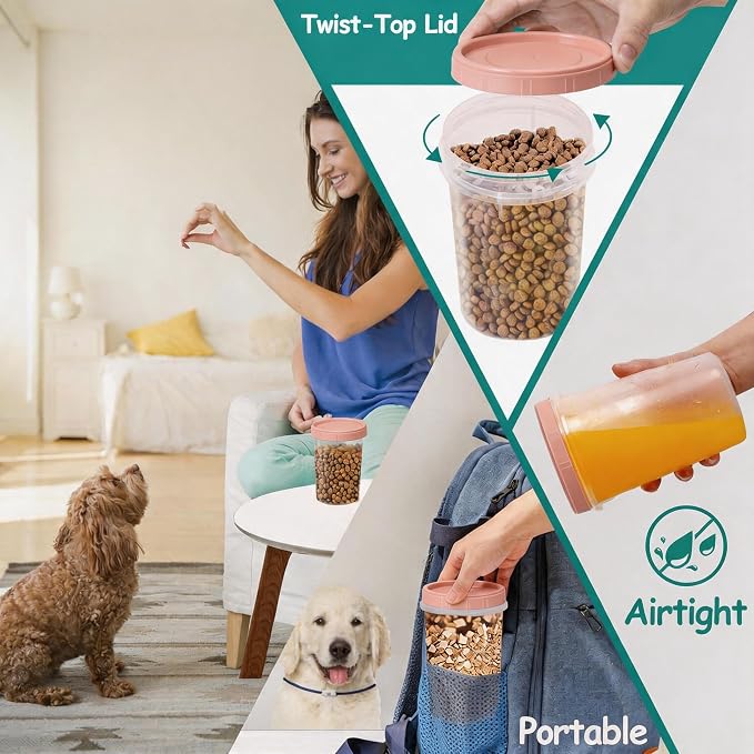 3 Pack Dog Treat Container, Airtight Reusable Cat Pet Treat Holder with Lid | Cute Cat Treat Cookie Container Set, Small Plastic Pet Dog Cat Food Storage Container, Pink