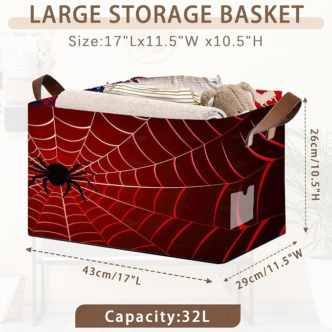 Red Spider Web Pattern Collapsible Box - 17x11.5x10.5 Inch Foldable Organizer for Seasonal Decor, Closet, Under Bed,Halloween Decor, Gothic Storage - Space-Saving Single Pack
