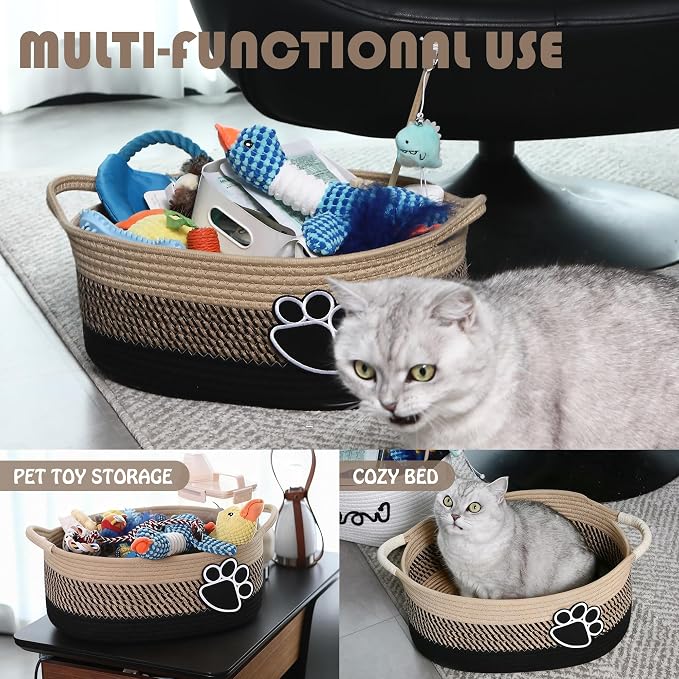 Sea Team Pet Toy Basket with Handles for Cats and Dogs, Flaxen Paw | Large Cotton Rope Storage Bin, Shelf Basket, Organizer for Pet Chew Toys, Foods, 16.5 x 11 x 7 Inches, 4.4 Gallons