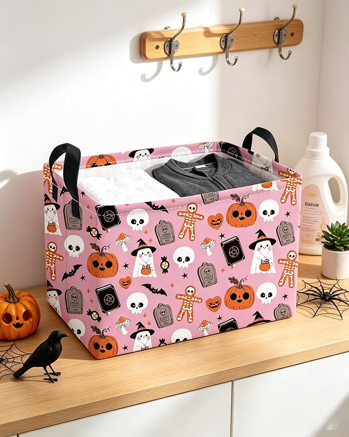 Essme Rectangular Halloween Basket,Pink Storage Bins Organizer with Handles for Room Decor, Gift Basket.(Magic Halloween)