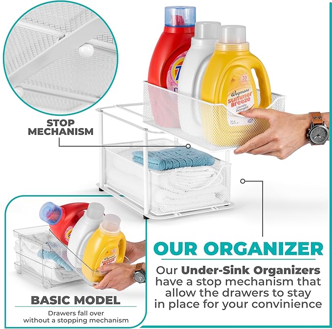 Sorbus Pull-Out Under Sink Organizer, Mesh Construction (White, 2 Pack) | Two-tier metal organization with strong steel and sliding drawers for bathrooms, kitchens, cabinets, closets and pantries.