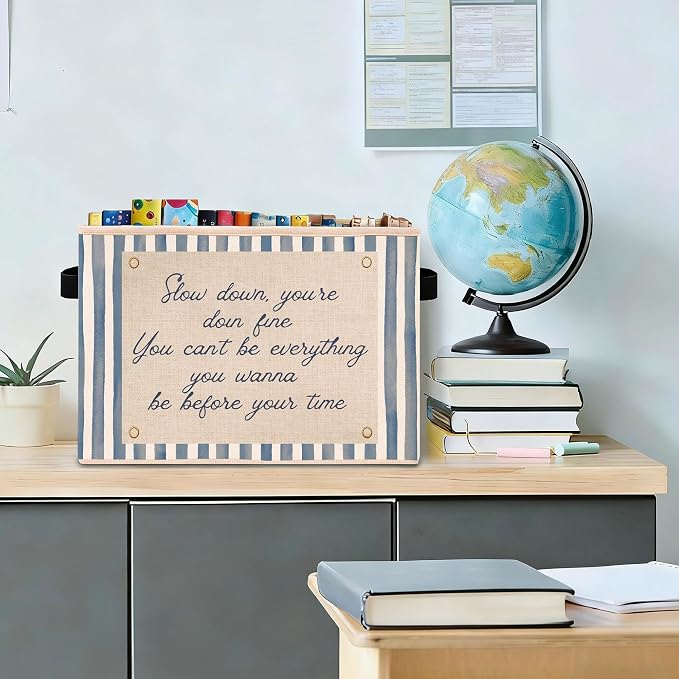 Slow Down Blue Stripe Foldable Fabric Storage Bin for Kids Toys & Clothes | Positive quote, blue stripe design; collapsible bin for organizing toys, books, clothes in nursery, bedroom or playroom.