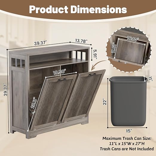 Pet-Proof Double 13 Gallon Tilt Out Trash Can Cabinet with Open Storage – Hide Garbage & Recycling Bins to Keep Your Kitchen Clean and Organized,Wood Grey