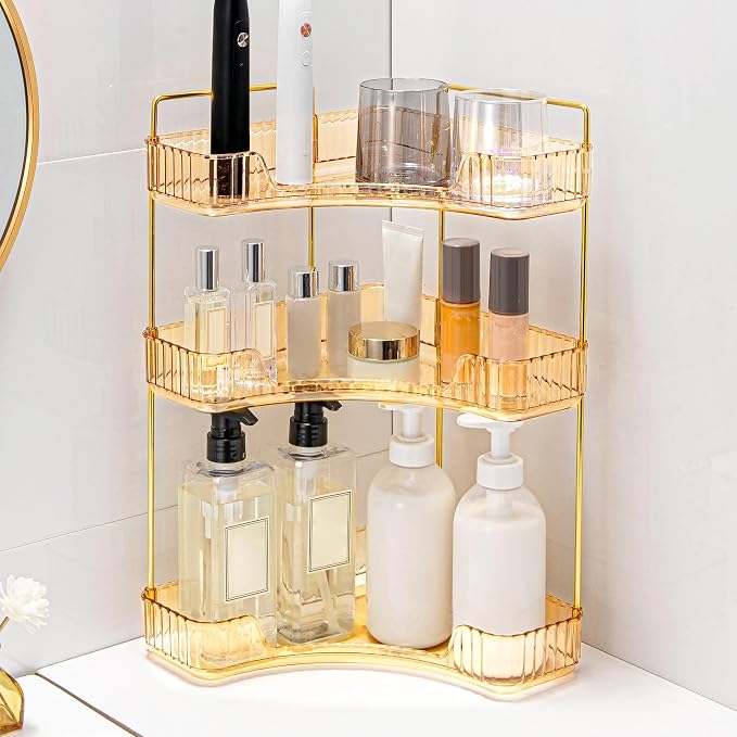 Corner Bathroom Counter Organizer Bathroom Countertop Shelf Makeup Organizer for Vanity Perfume Tray for Corner Storage (3 Tiers, Gold)