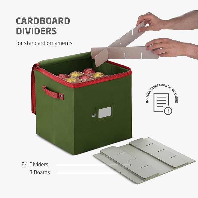 ZOBER Christmas Ornament Storage Box - Stores 64 3" Ornaments, With Dividers - Ornament Organizer Storage Box, Durable Christmas Containers Holder, Dual Zipper - Green