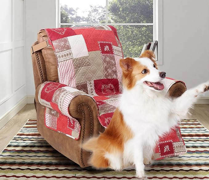 Brilliant Sunshine Burgundy Heart Love Couch Recliner Cover, 26" seat | Quilted Sofa Cover, Living Room & Bedroom Furniture Protector, Washable Reclining Chair Slipcover for Pets, Dogs & Cats
