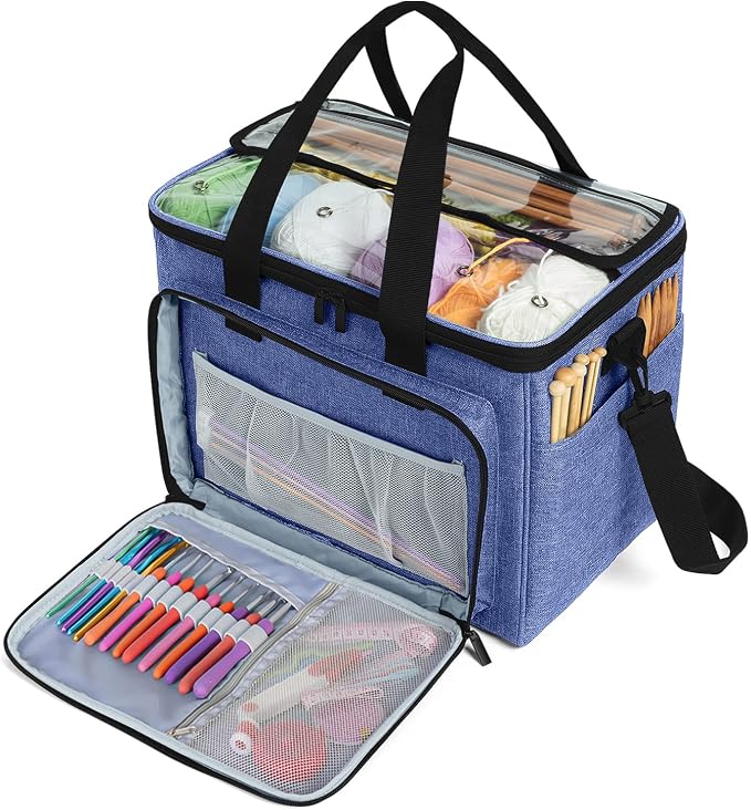 Teamoy Knitting Bag, Yarn Storage Organizer Crochet Bag Tote, Dark Blue | Yarn Holder with Inner Divider(Sewn to Bottom) for Crochet Hook, Knitting Needles(Up to 14"), Project and Crocheting Supplies