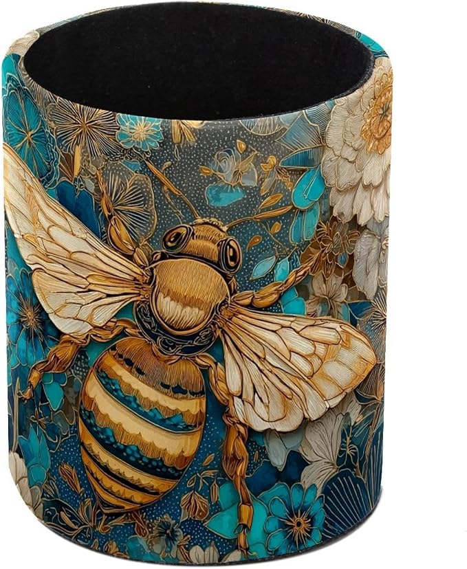 Faux Leather Pen Holder for Desk, Pencil Organizer Cute Bee Pen Cup Desk Decor Makeup Brush Holder Storage for Office Home