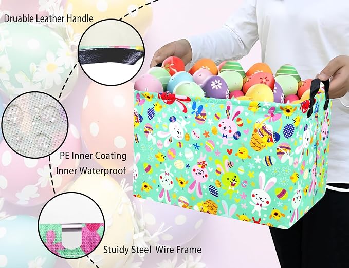 Large Rectangular Easter Baskets Empty Waterproof Boy Toy Box Foldable Kid's Gifts Storage Bin Spring Room Decor(Green Dancing Rabbit)