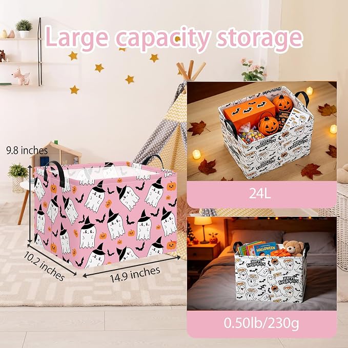 NTAO Gift Storage Basket Empty for Halloween, Storage Bin with Handles, Room Decor, Book Box(Pink Ghost Bat)