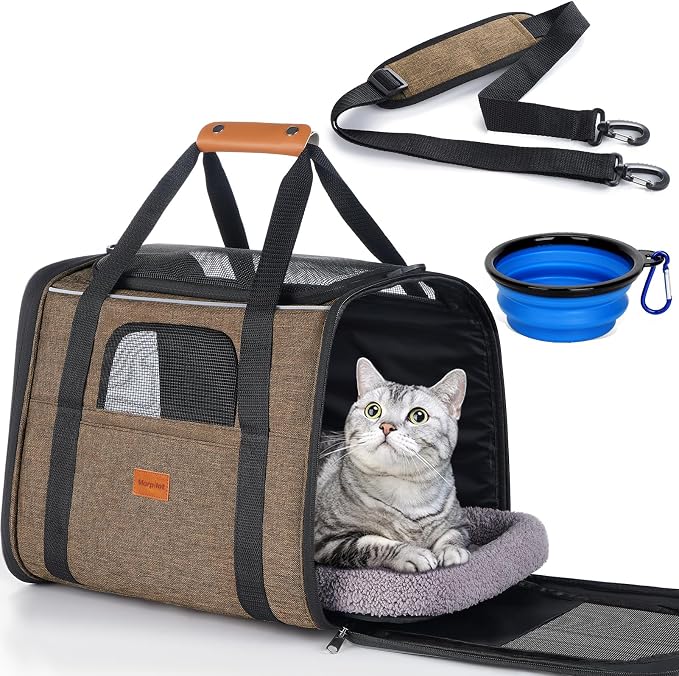 Morpilot Cat Carrier Soft for Large Medium Cats and Puppy up to 20lbs | with Dual-Sided Cushion, Secure Buckle and Foldable Bowl, Dog Carriers for Small Dogs - Pet Carrier (Brown)