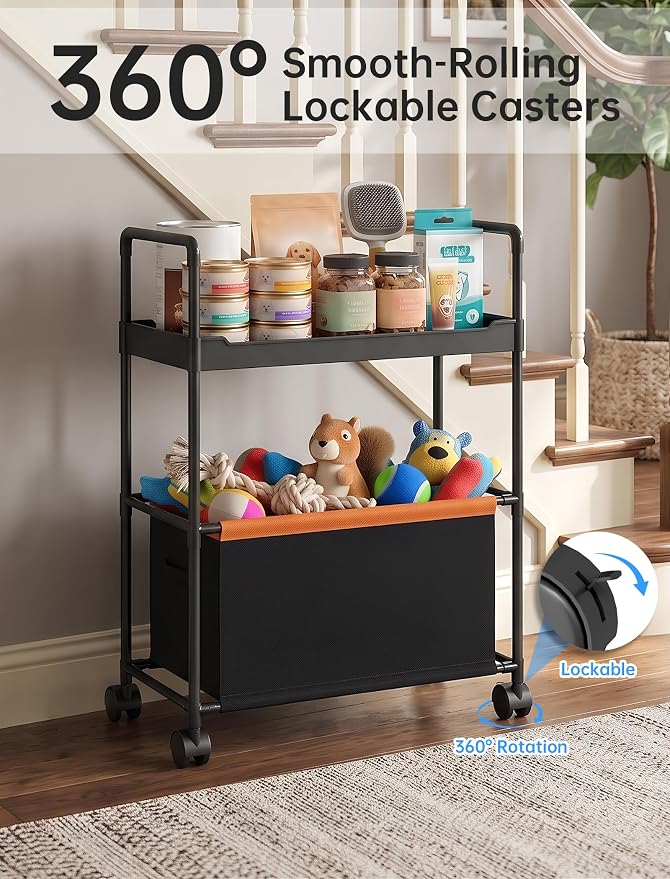 NiHome 2-Tier Dog Toy Basket Storage Cart, Dog Toy Rolling Organizer, Black | Pet Toy Storage Rack, Top Shelf, Oxford Fabric Basket, Metal Frame with 4 Swivel Casters, for Dog Toys, Treats, and Supplies